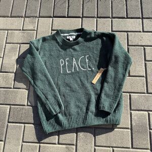 Rae Dunn PEACE green Raglan Sweater blouson Sleeve Cozy Holiday NWT $78 Small